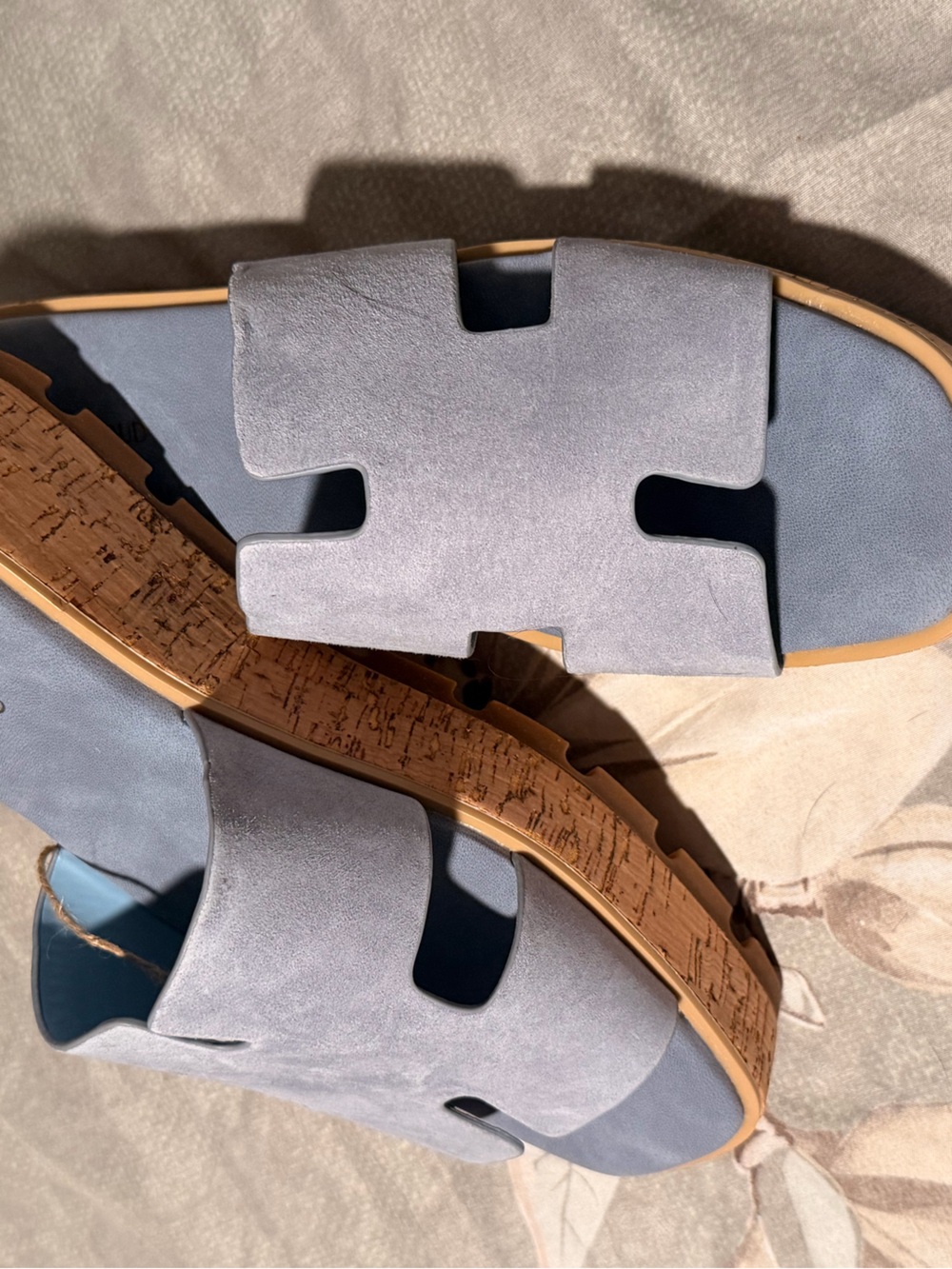 Light Blue Suede Cork Platform Slide Mules